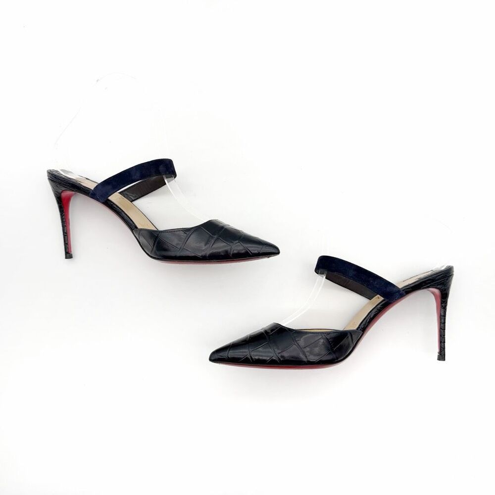 CHRISTIAN LOUBOUTIN Choc Lock Navy Blue Slide Size 37.5 US 7 Leather Heel Mule - Picture 8 of 13